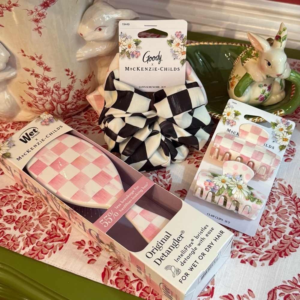 Goody x MacKenzie-Childs Pink Rosy Check Brush Satin Scrunchies and Claw Clips